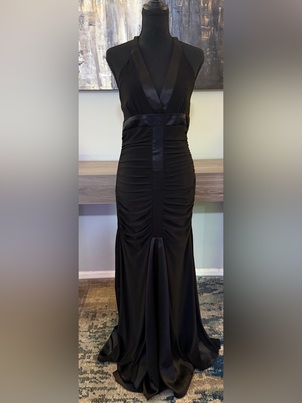 VTG Caché Black Halter Ruched Prom Gown Dress 8 Satin Panel Mermaid Train M 90s
